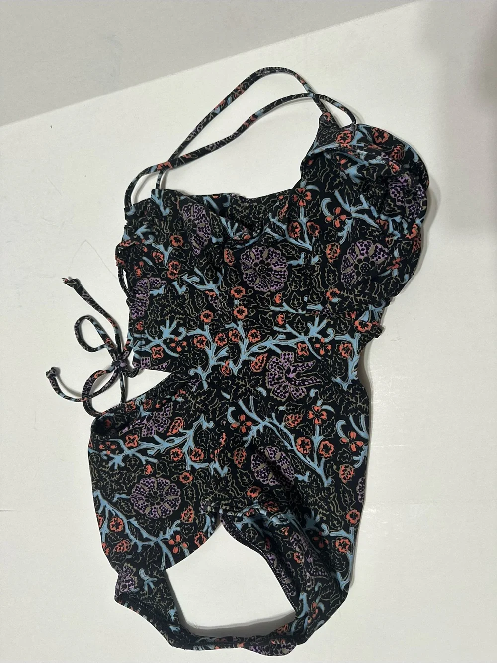 SEA NEW YORK MARLEE ONE PIECE Floral Ruffle Swimsuit Black w/ Pastel Prints XXS
